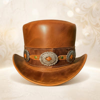 Handcrafted Brown Leather Top Hat with Western Concho Band