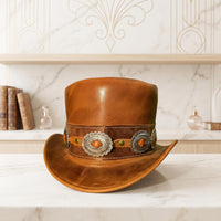 Handcrafted Brown Leather Top Hat with Western Concho Band