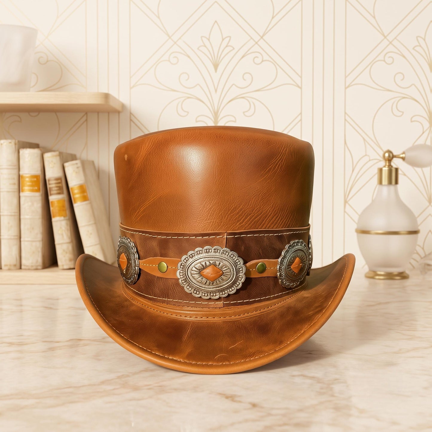 Handcrafted Brown Leather Top Hat with Western Concho Band