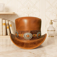 Handcrafted Brown Leather Top Hat with Western Concho Band
