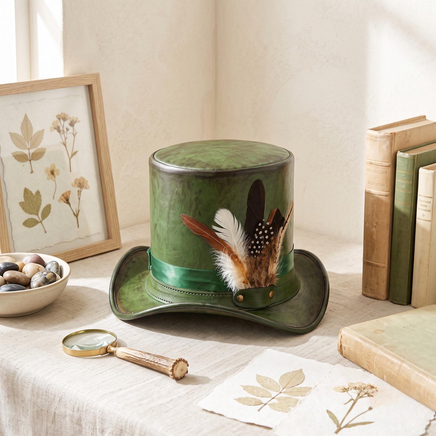 Handmade Green Steampunk Top Hat | Victorian & Mad Hatter Leather Hat