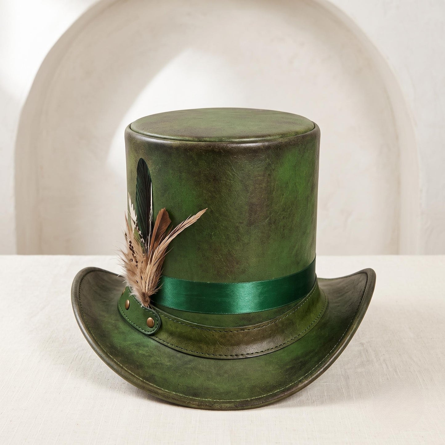 Handmade Green Steampunk Top Hat | Victorian & Mad Hatter Leather Hat