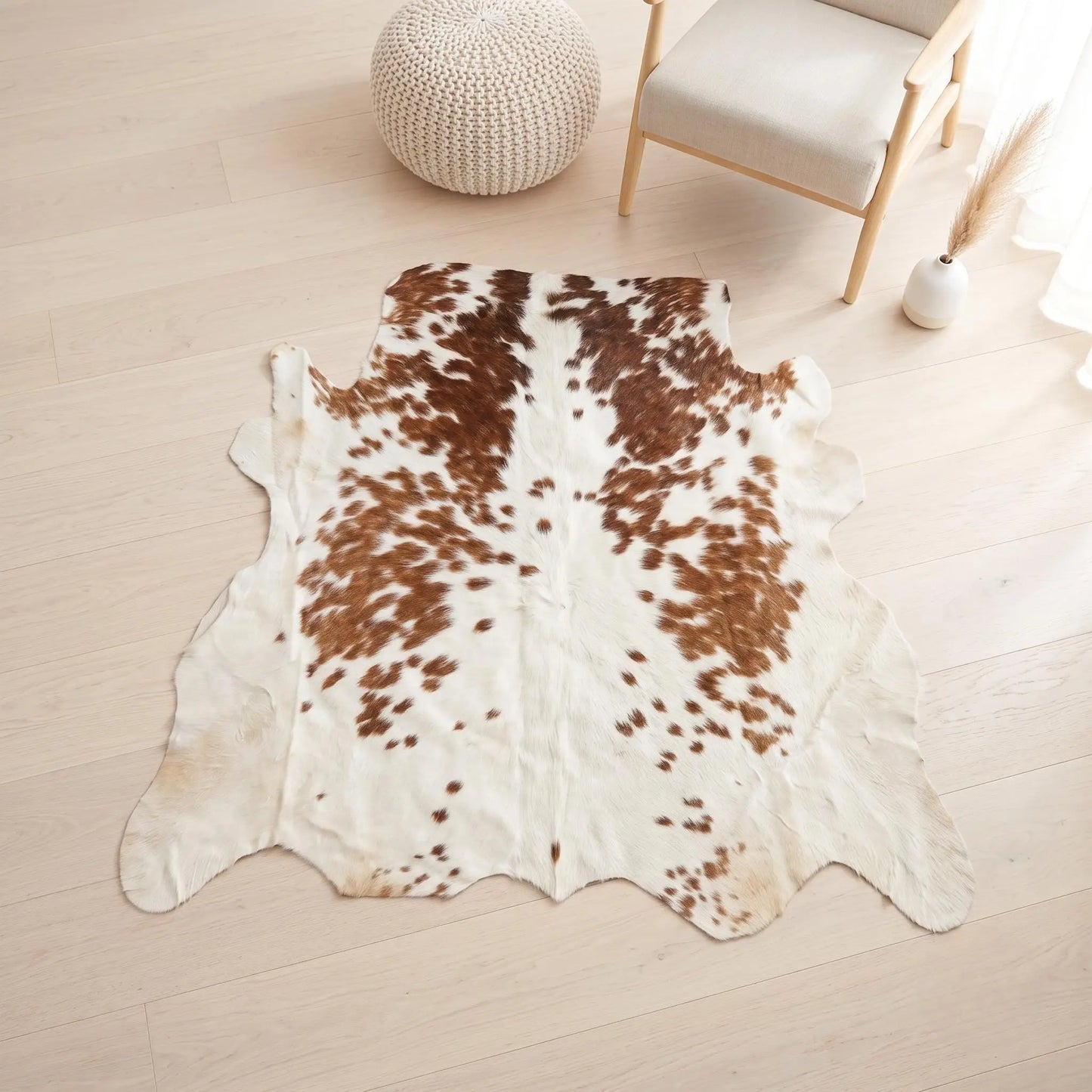 Natural Brown and White Cowhide Rug |  Tricolor Area Hair On Rug