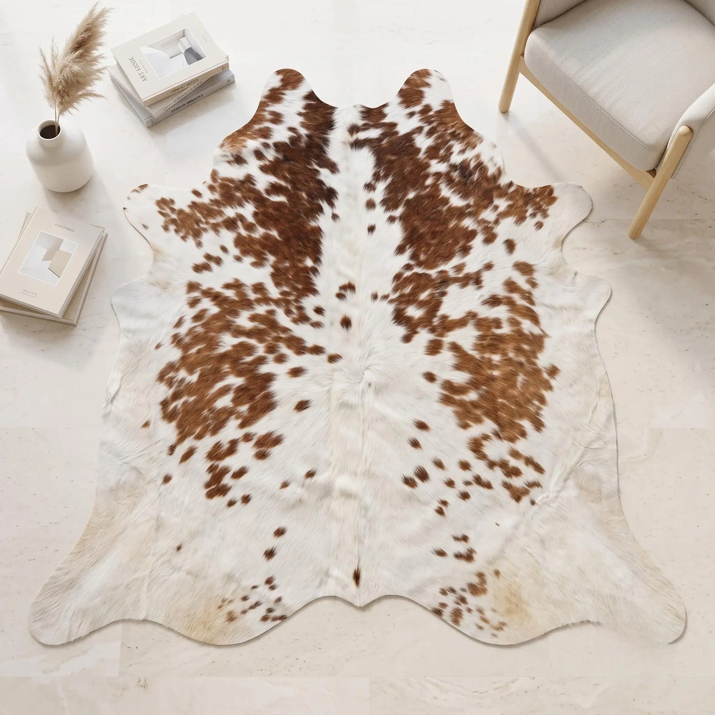 Natural Brown and White Cowhide Rug |  Tricolor Area Hair On Rug