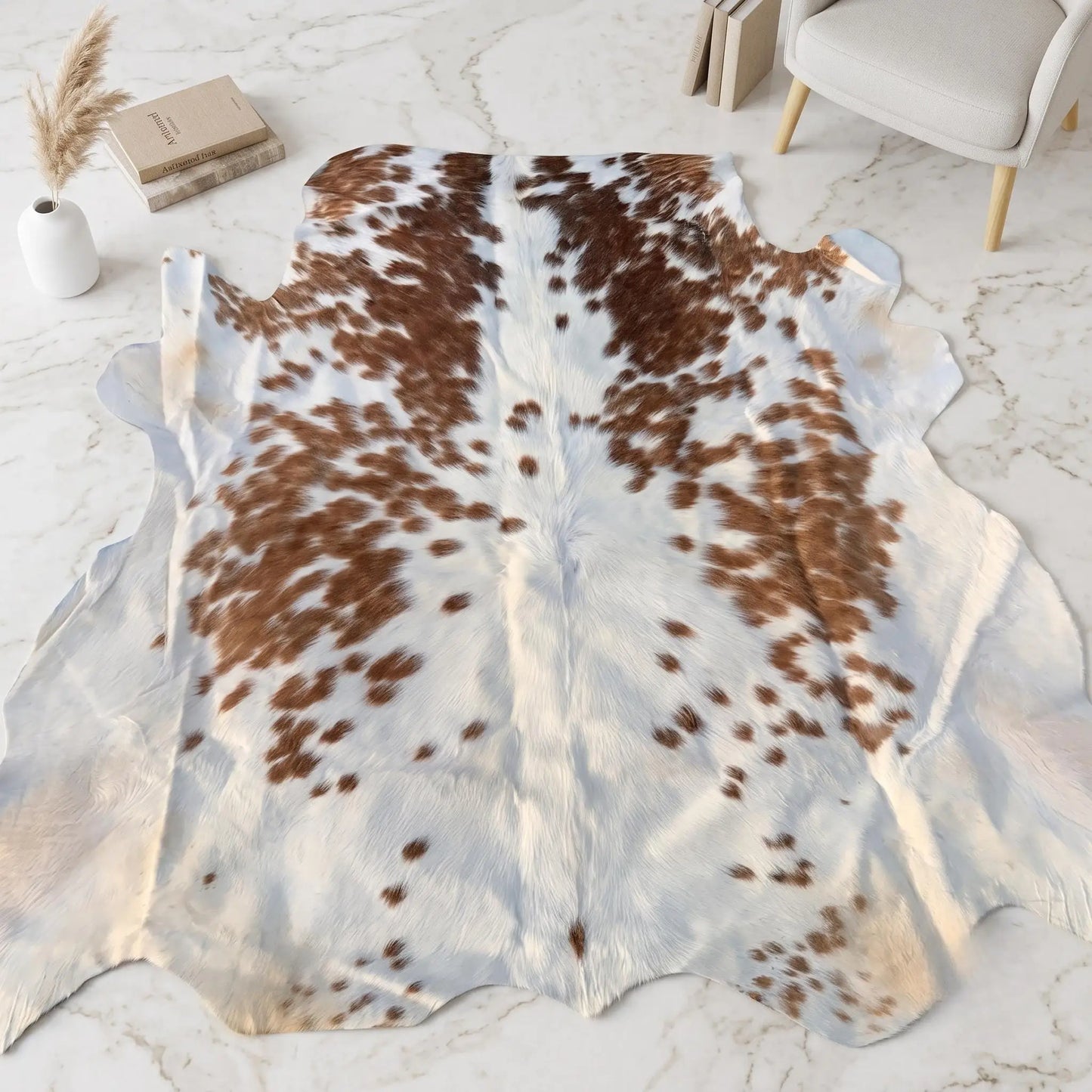 Natural Brown and White Cowhide Rug |  Tricolor Area Hair On Rug