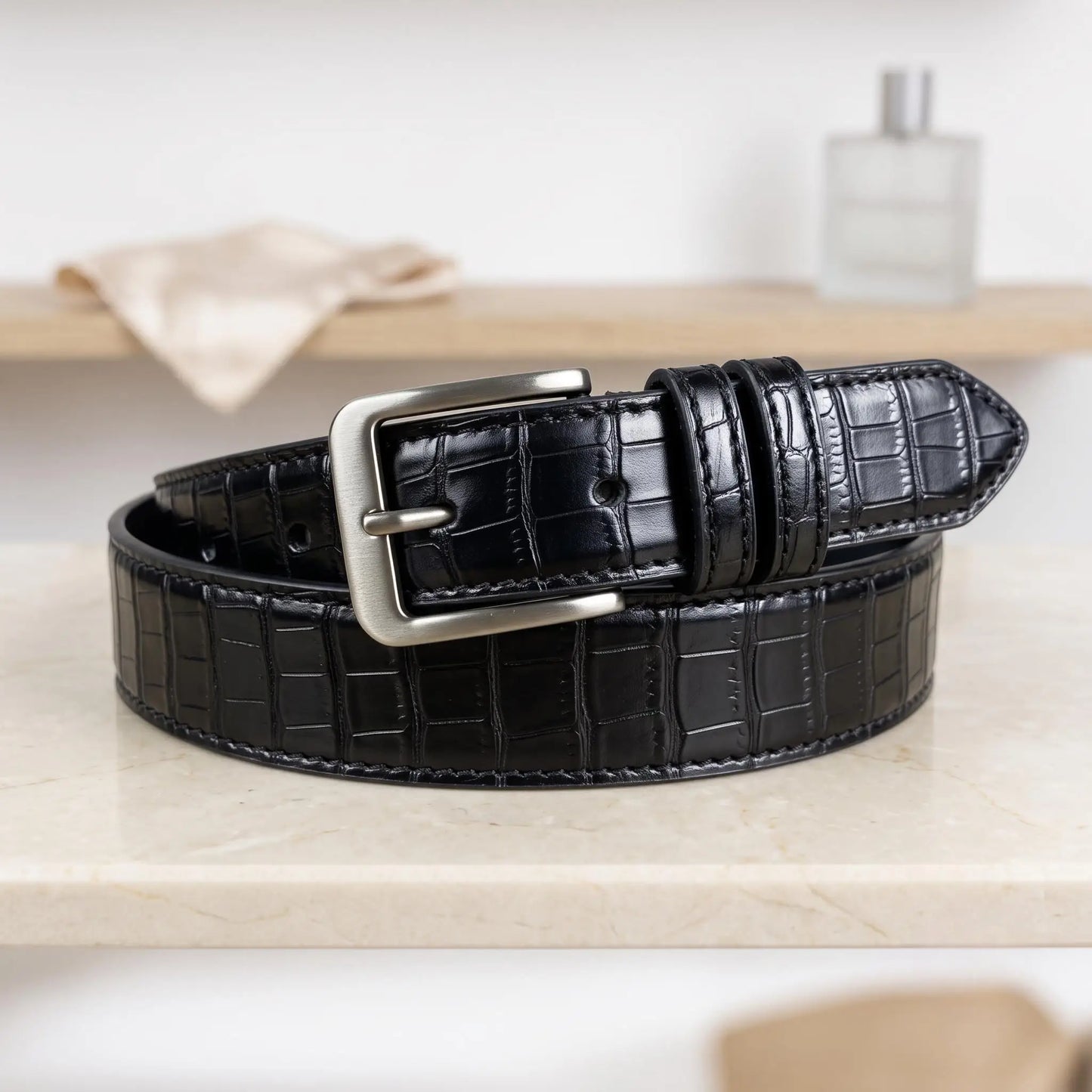 Men's Black Crocodile Embossed Genuine Leather Dress Belt