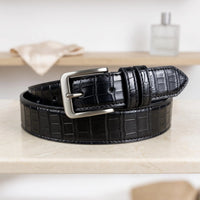 Men's Black Crocodile Embossed Genuine Leather Dress Belt