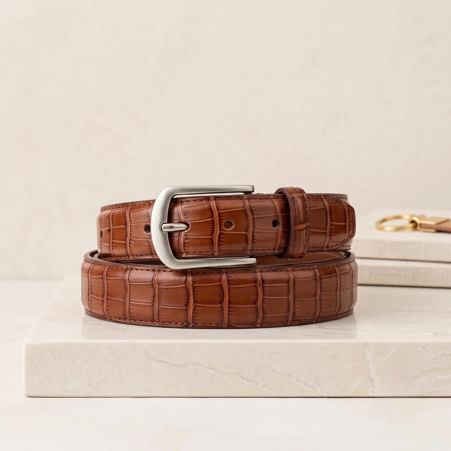 Brown Crocodile Embossed Genuine Leather Belt – Handmade Vintage Dress Accessory