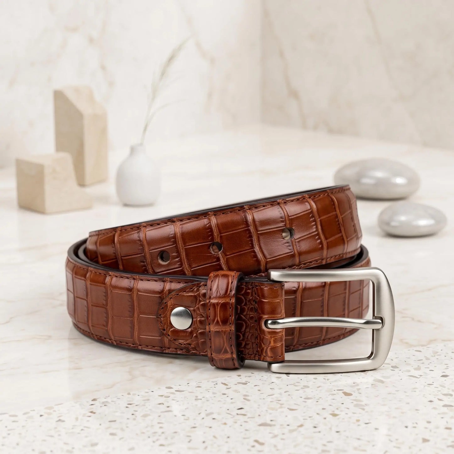 Brown Crocodile Embossed Genuine Leather Belt – Handmade Vintage Dress Accessory