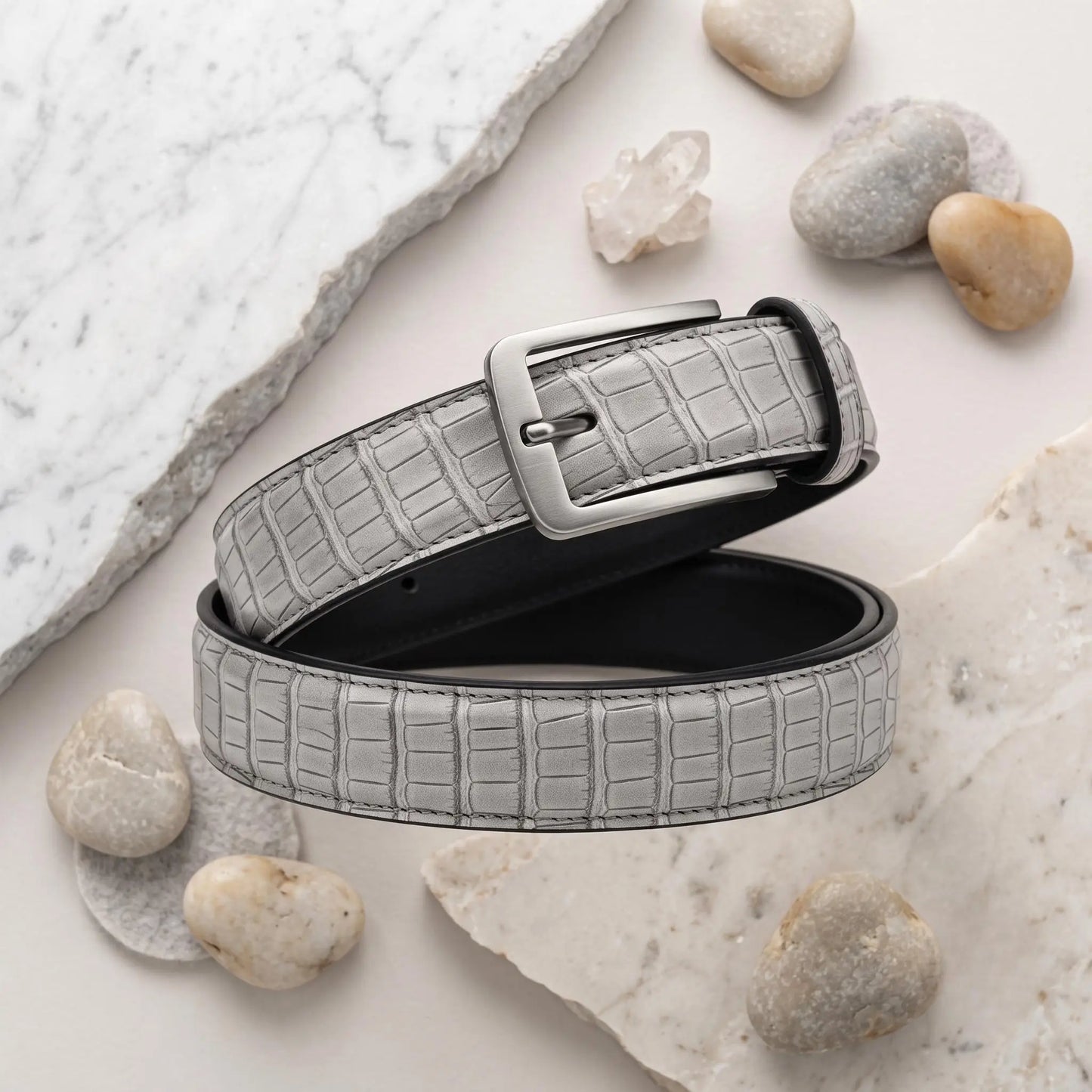 Men’s Gray Croc-Embossed Leather Belt – Luxury Silver Buckle Dress & Casual Belt