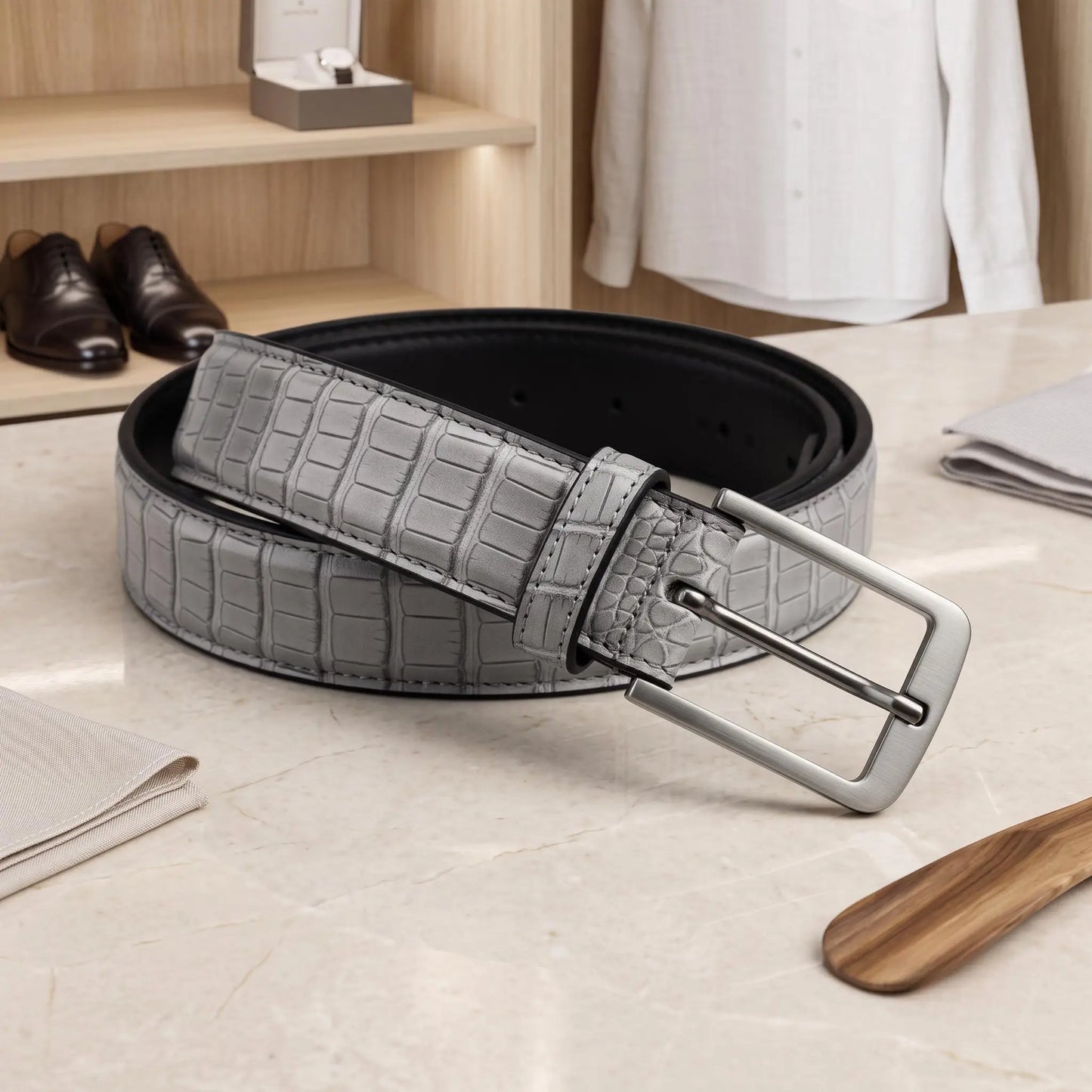 Men’s Gray Croc-Embossed Leather Belt – Luxury Silver Buckle Dress & Casual Belt