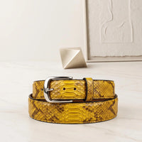 Make a Bold Statement with the TAKEKO Luxury Python-Emossed Yellow Leather Belt