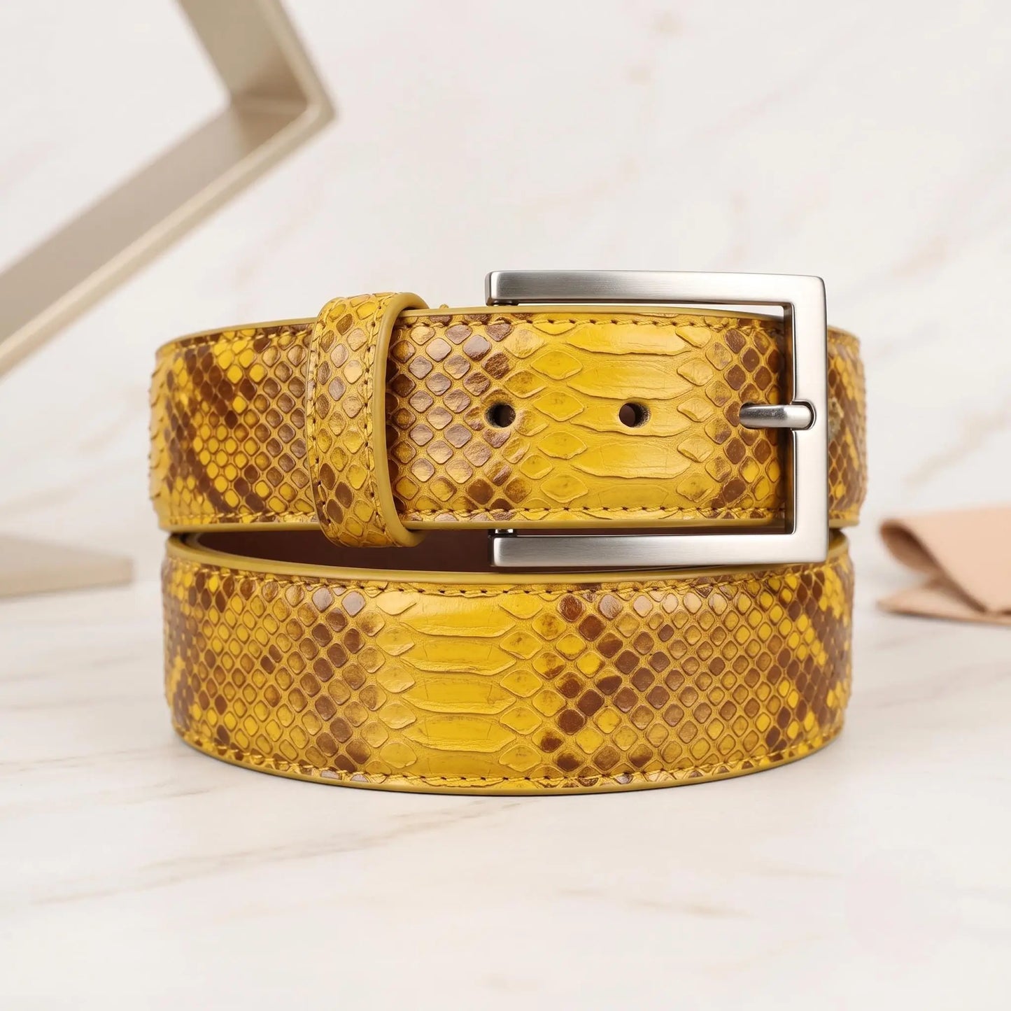 Make a Bold Statement with the TAKEKO Luxury Python-Emossed Yellow Leather Belt