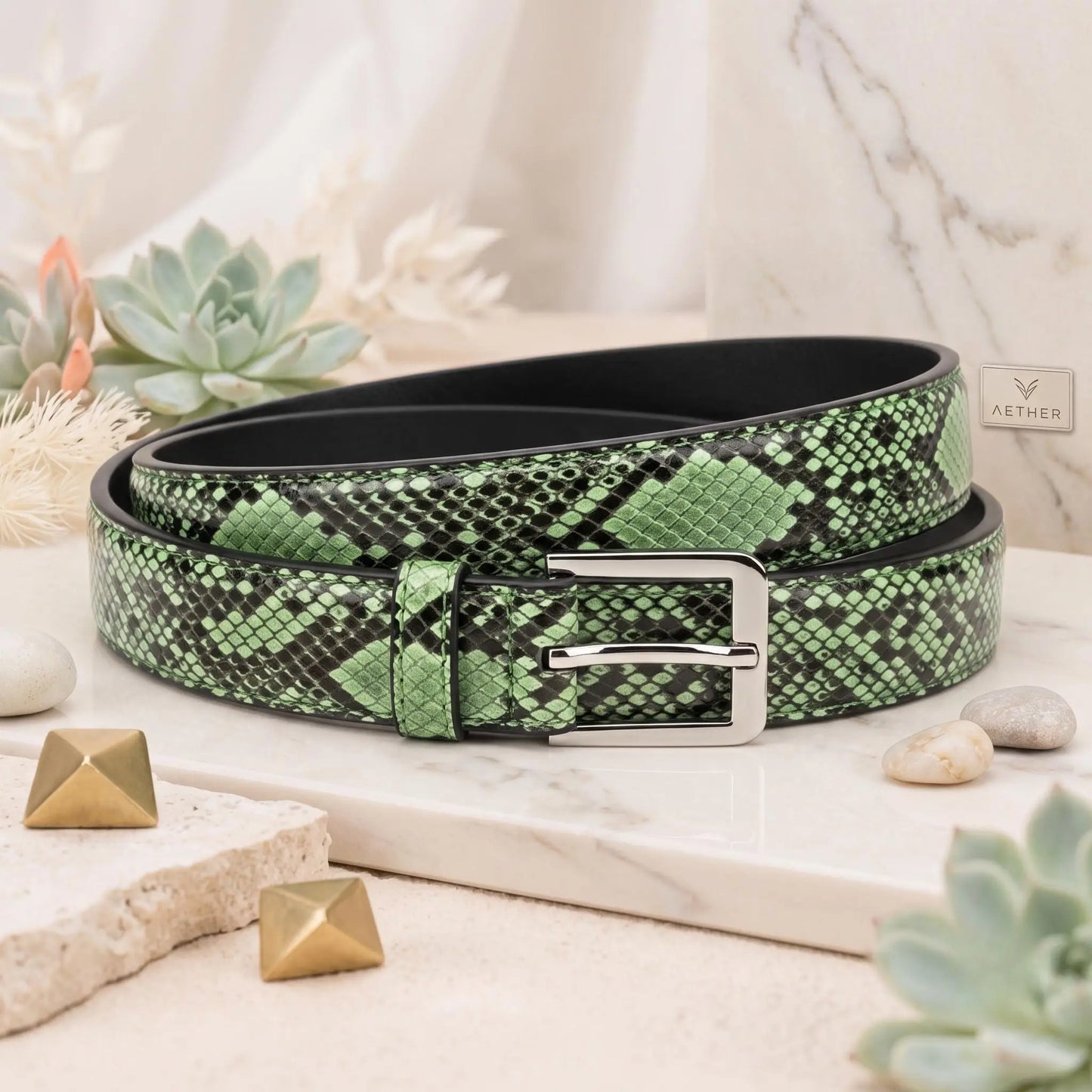 Make a Bold Statement with the TAKEKO Python-Emossed Green Leather Belt
