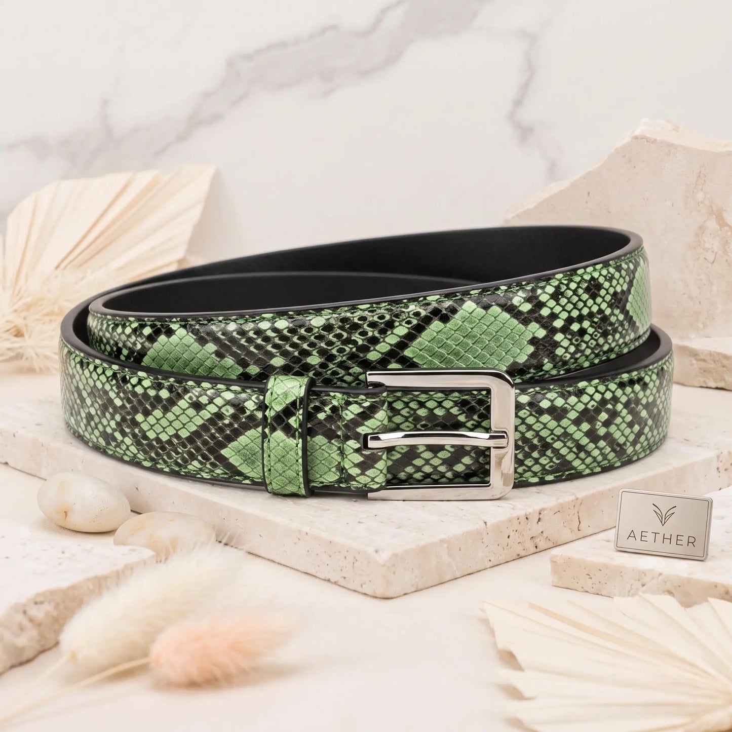 Make a Bold Statement with the TAKEKO Python-Emossed Green Leather Belt