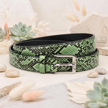 Make a Bold Statement with the TAKEKO Python-Emossed Green Leather Belt