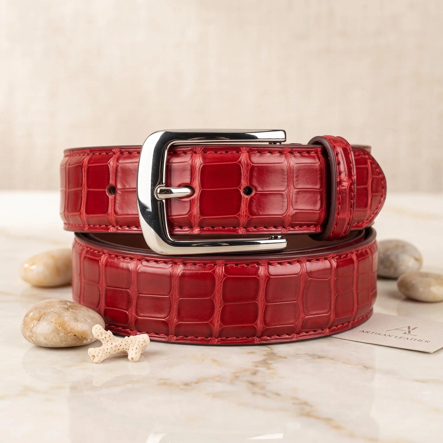 Men’s Red Croc-Embossed Leather Belt | Luxury Silver Buckle Dress Belt