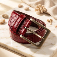 Men’s Red Croc-Embossed Leather Belt | Luxury Silver Buckle Dress Belt