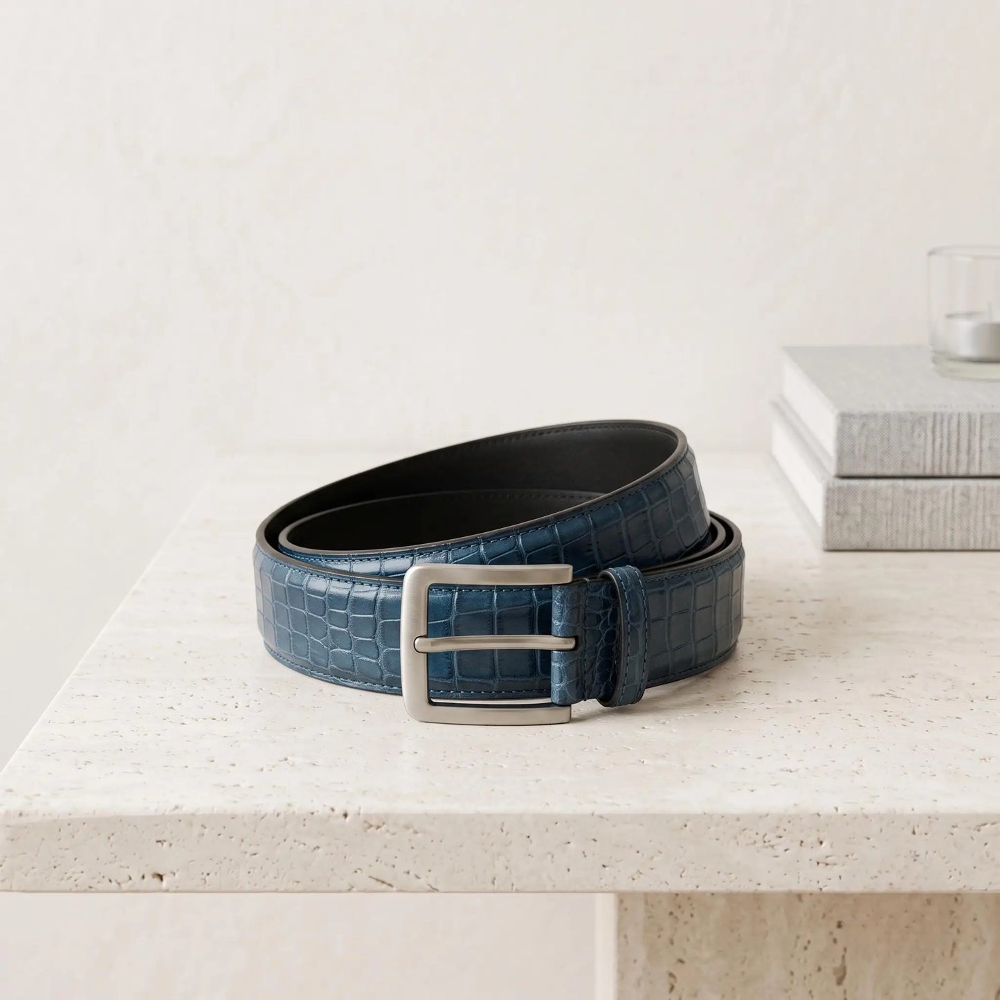 Luxury Men’s Blue Crocodile-Embossed Genuine Leather Belt | Handmade