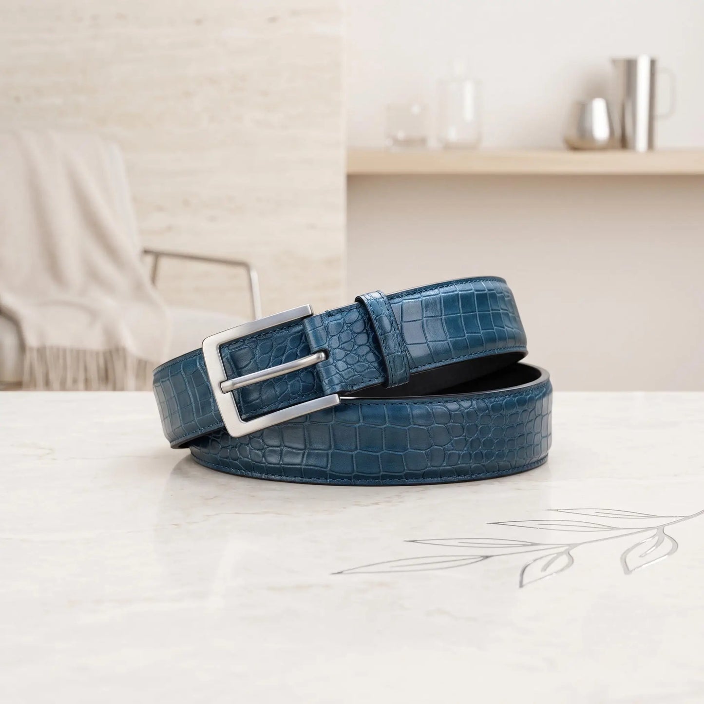 Luxury Men’s Blue Crocodile-Embossed Genuine Leather Belt | Handmade