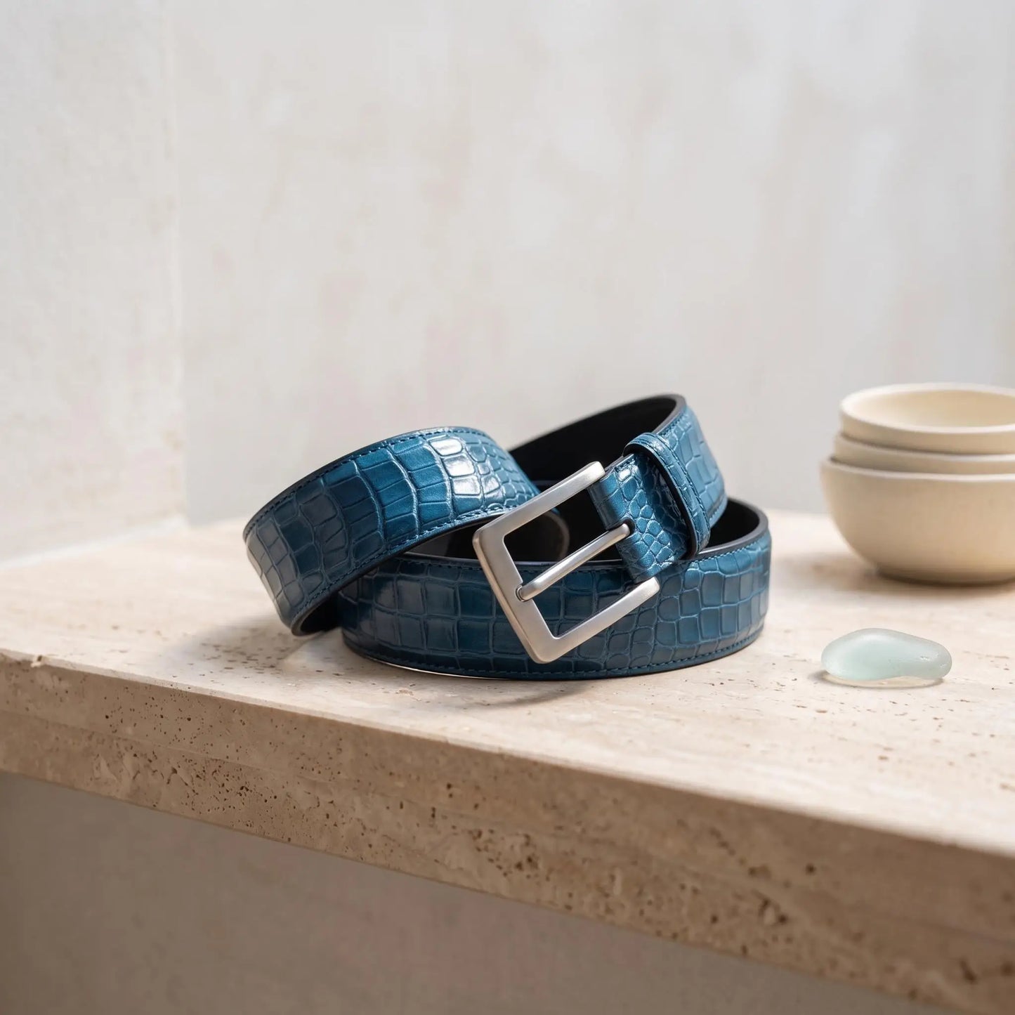 Luxury Men’s Blue Crocodile-Embossed Genuine Leather Belt | Handmade