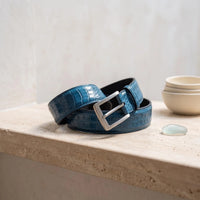 Luxury Men’s Blue Crocodile-Embossed Genuine Leather Belt | Handmade