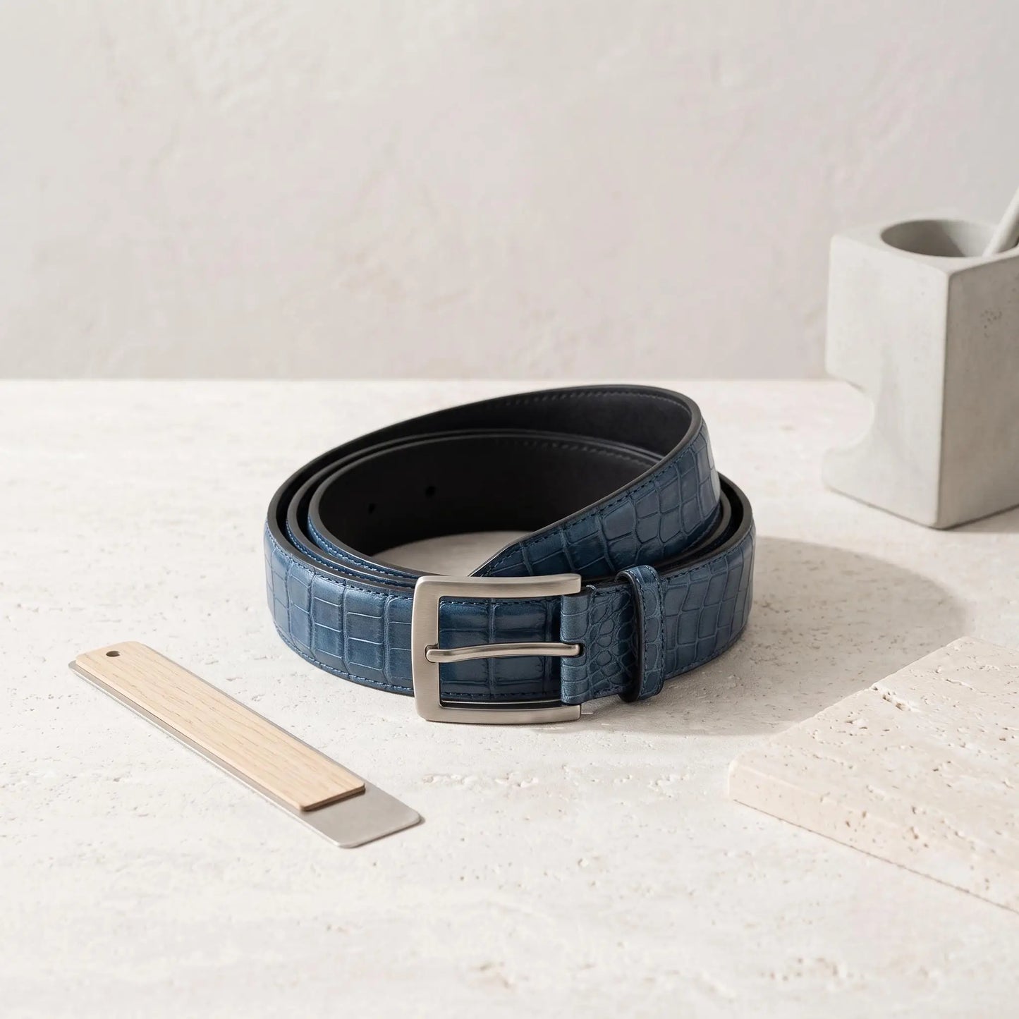Luxury Men’s Blue Crocodile-Embossed Genuine Leather Belt | Handmade