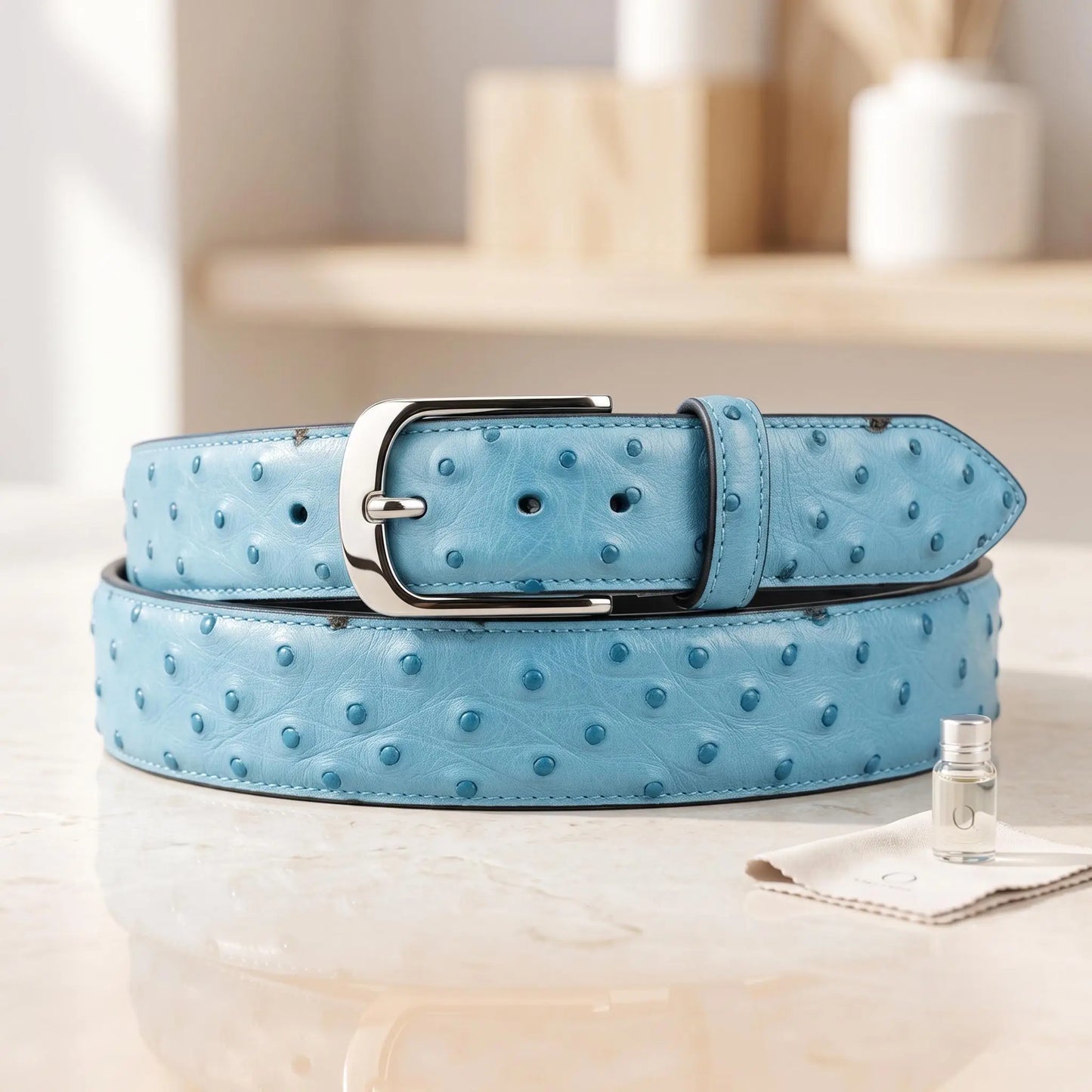Handcrafted Sky Blue Genuine Ostrich Leather Belt Luxury Exotic Skin Dress Belt for Men
