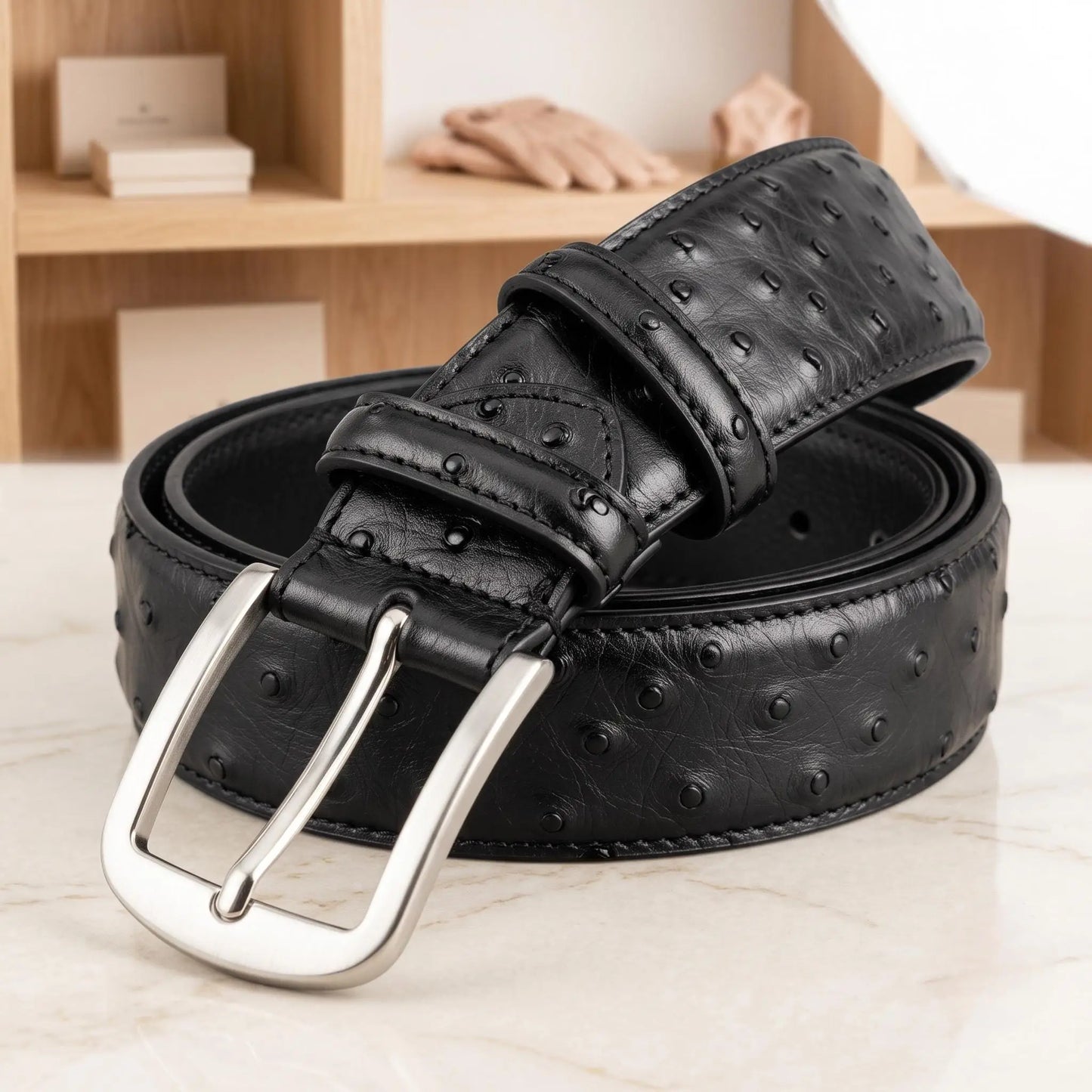 Upgrade Your Style with the Handcrafted Genuine Black Ostrich Leather Belt