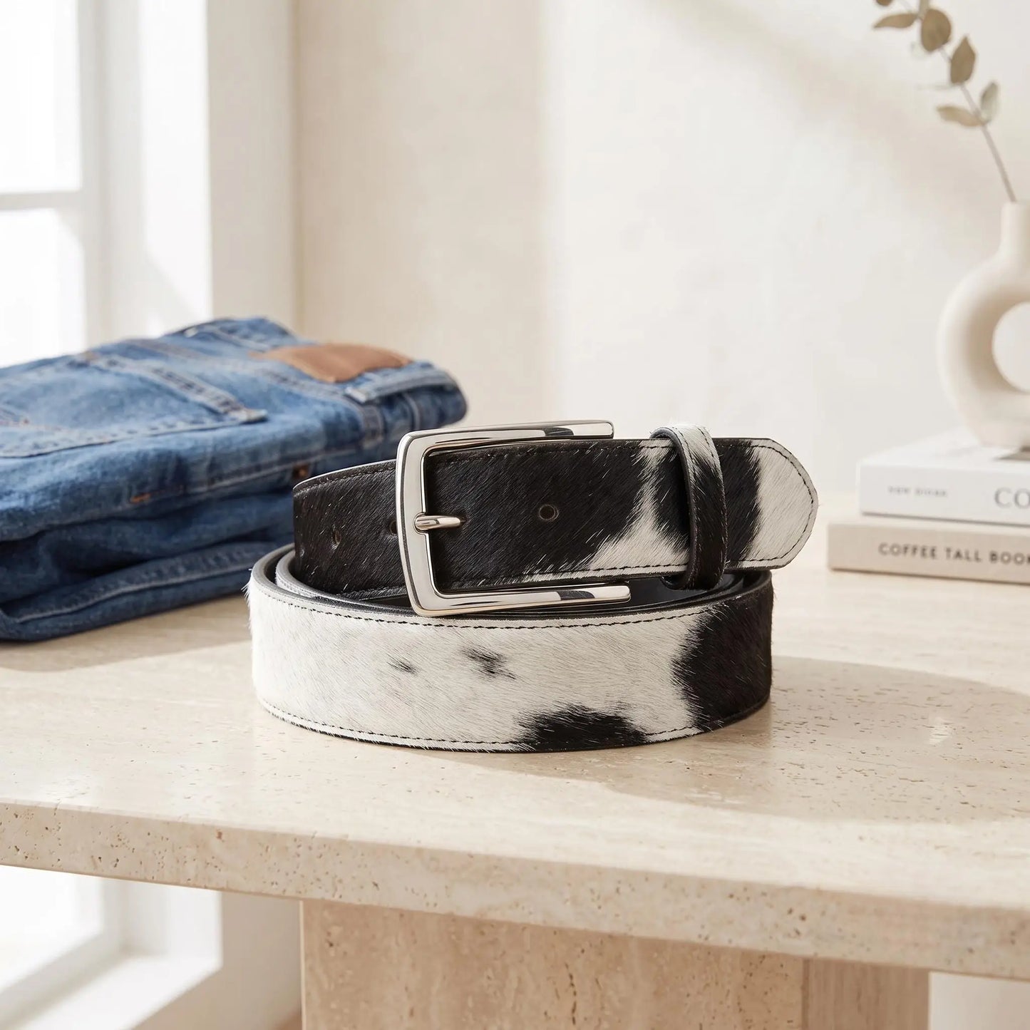 Genuine Black & White Cowhide Hair-On Leather Belt | Western Unisex Cow Print Belt