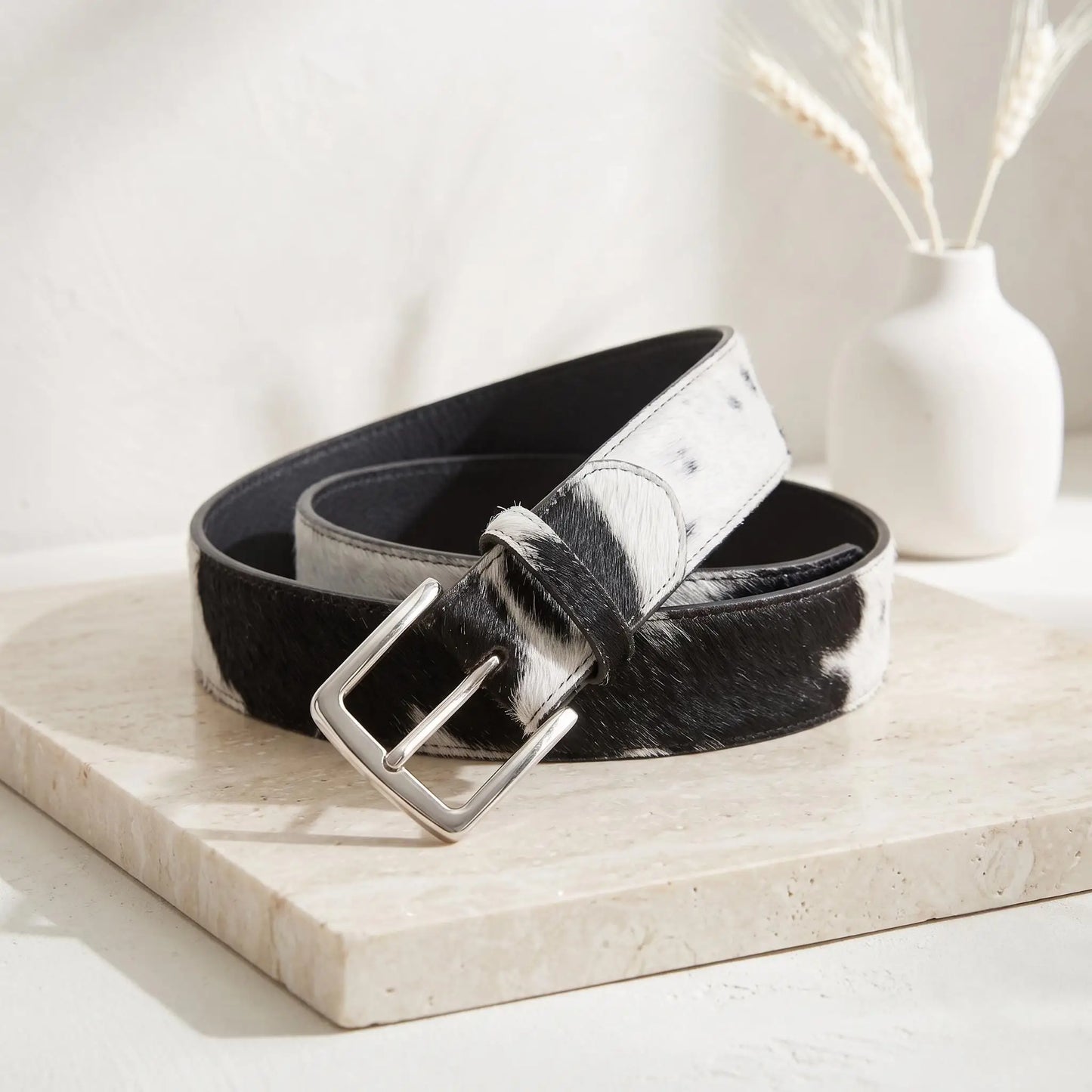 Genuine Black & White Cowhide Hair-On Leather Belt | Western Unisex Cow Print Belt