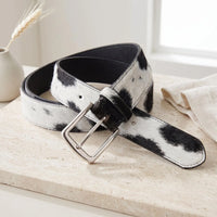 Genuine Black & White Cowhide Hair-On Leather Belt | Western Unisex Cow Print Belt