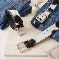 Genuine Black & White Cowhide Hair-On Leather Belt | Western Unisex Cow Print Belt