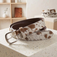 Unisex Genuine Brown & White Cowhide Hair-on Leather Belt with Silver Buckle