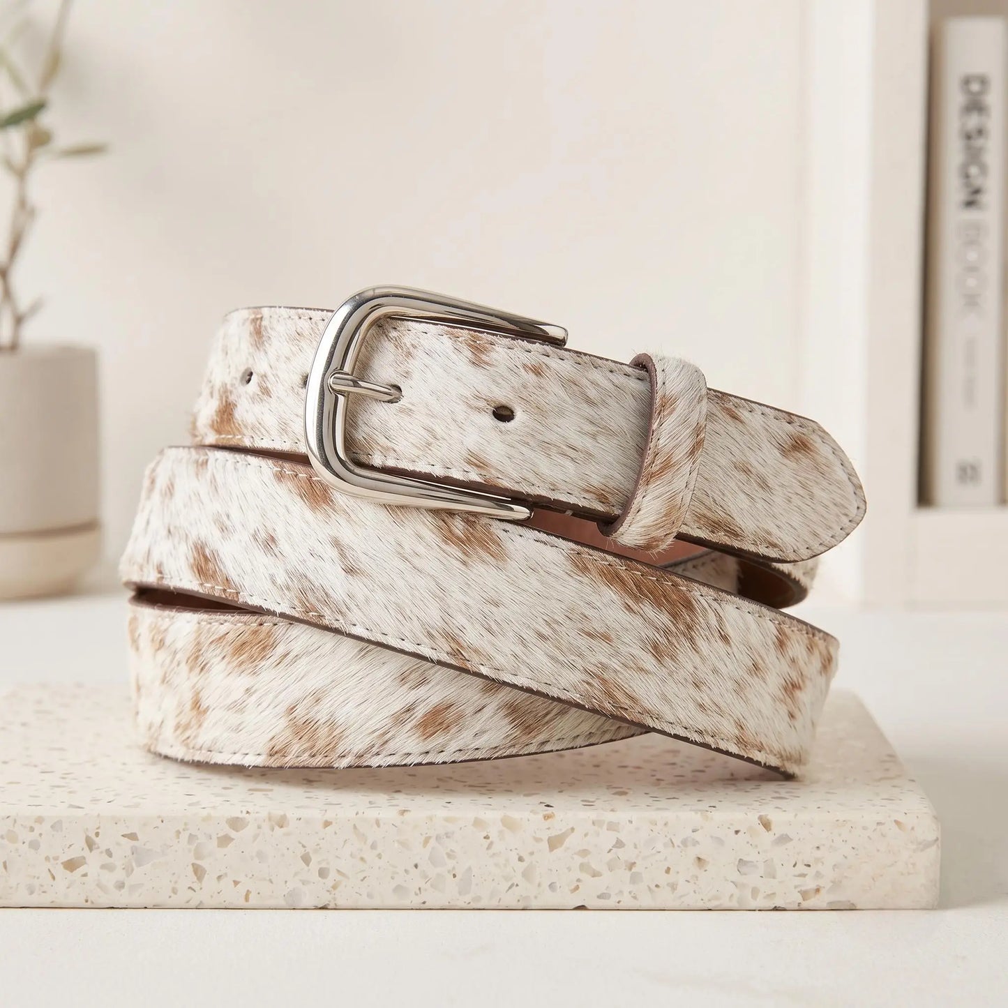 Unisex Genuine Brown & White Cowhide Hair-on Leather Belt with Silver Buckle
