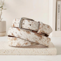 Unisex Genuine Brown & White Cowhide Hair-on Leather Belt with Silver Buckle