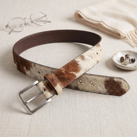 Hair-On Cowhide Leather Belt – Bold Brown & White Large-Patch Western Belt