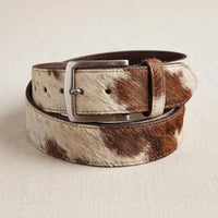 Hair-On Cowhide Leather Belt – Bold Brown & White Large-Patch Western Belt