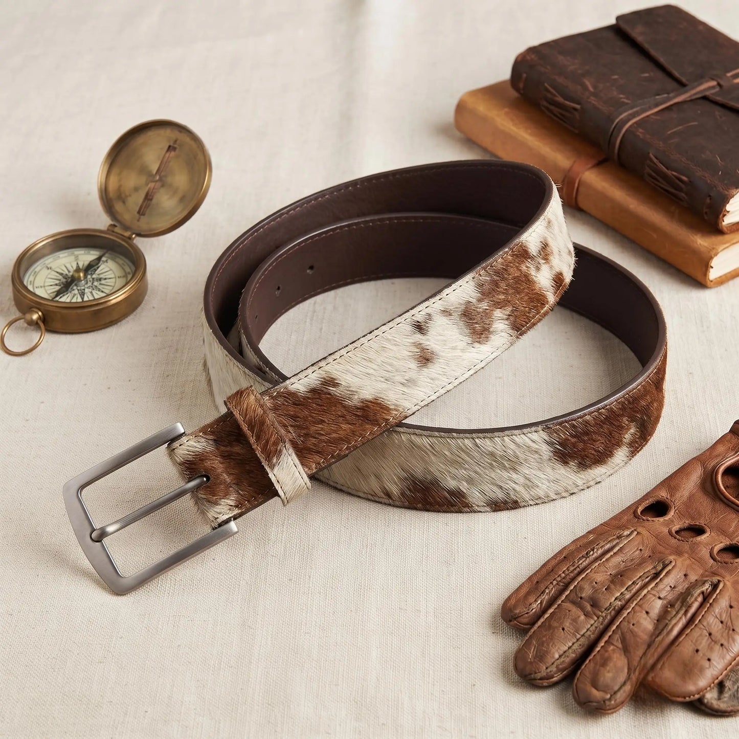 Hair-On Cowhide Leather Belt – Bold Brown & White Large-Patch Western Belt