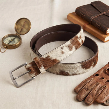 Hair-On Cowhide Leather Belt – Bold Brown & White Large-Patch Western Belt