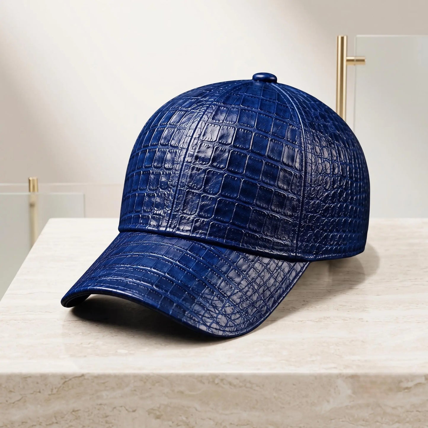 TAKEKO LEATHER Blue Croc-Embossed Leather Baseball Cap