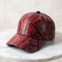 Luxury Red & Black Python Leather Baseball Cap – Exotic Headwear