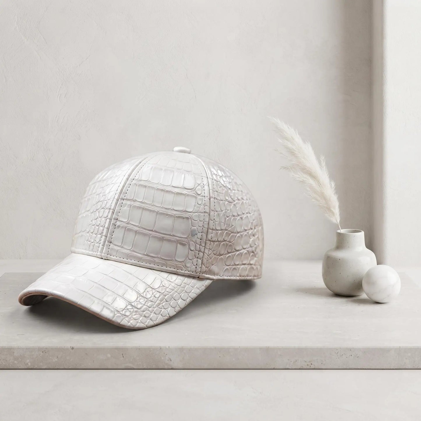 White Crocodile Leather Baseball Cap | Luxury Unisex Headwear