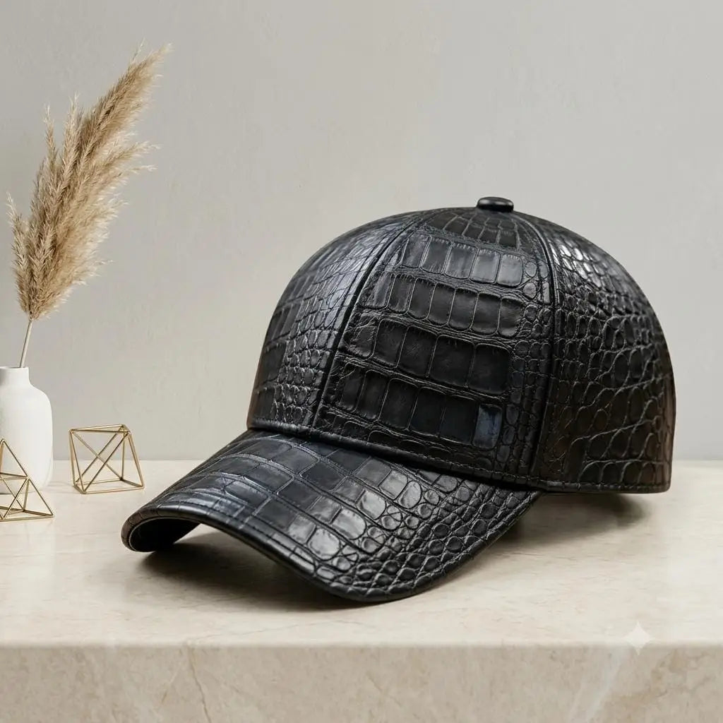 TAKEKO LEATHER Black Crocodile-Embossed Leather Baseball Cap – Luxury Streetwear