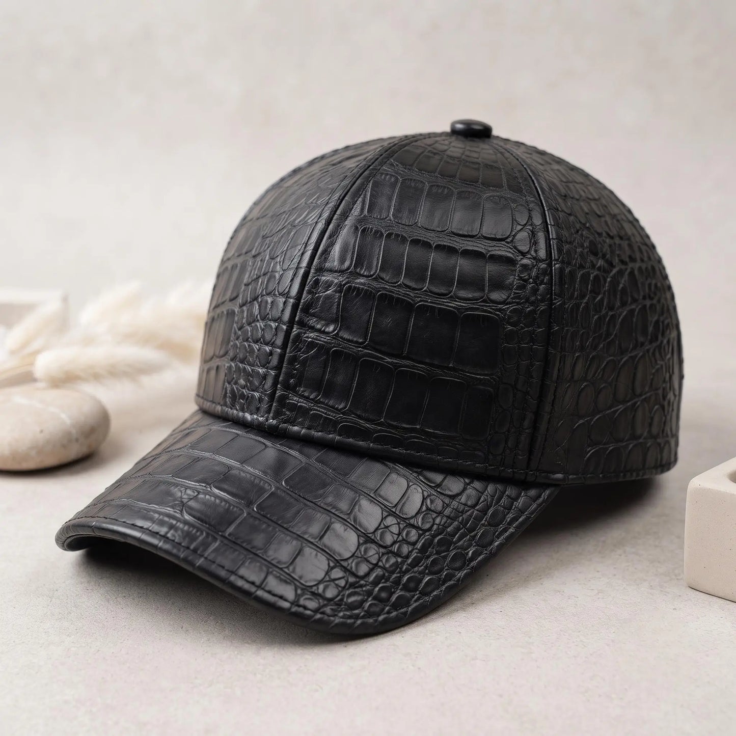 TAKEKO LEATHER Black Crocodile-Embossed Leather Baseball Cap – Luxury Streetwear