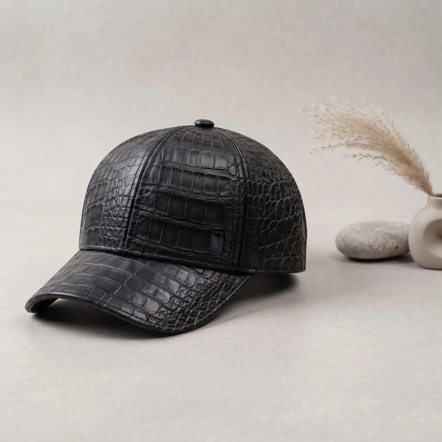 TAKEKO LEATHER Black Crocodile-Embossed Leather Baseball Cap – Luxury Streetwear