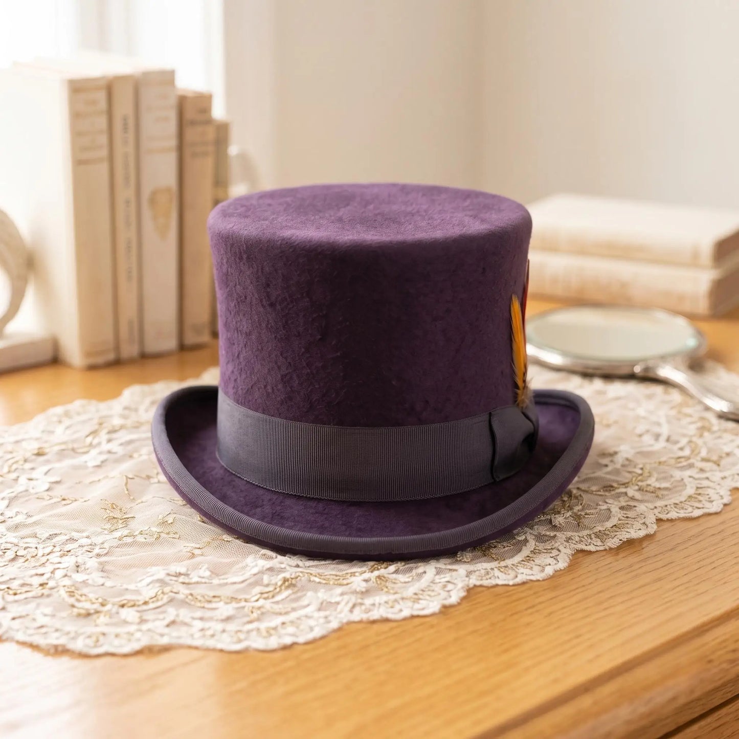 Handcrafted Purple Wool Top Hat – Vintage Steampunk & Formal Elegance