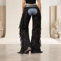 Women’s Handmade Black Cowgirl Chaps | Genuine Suede Leather Rodeo Fringe Chaps