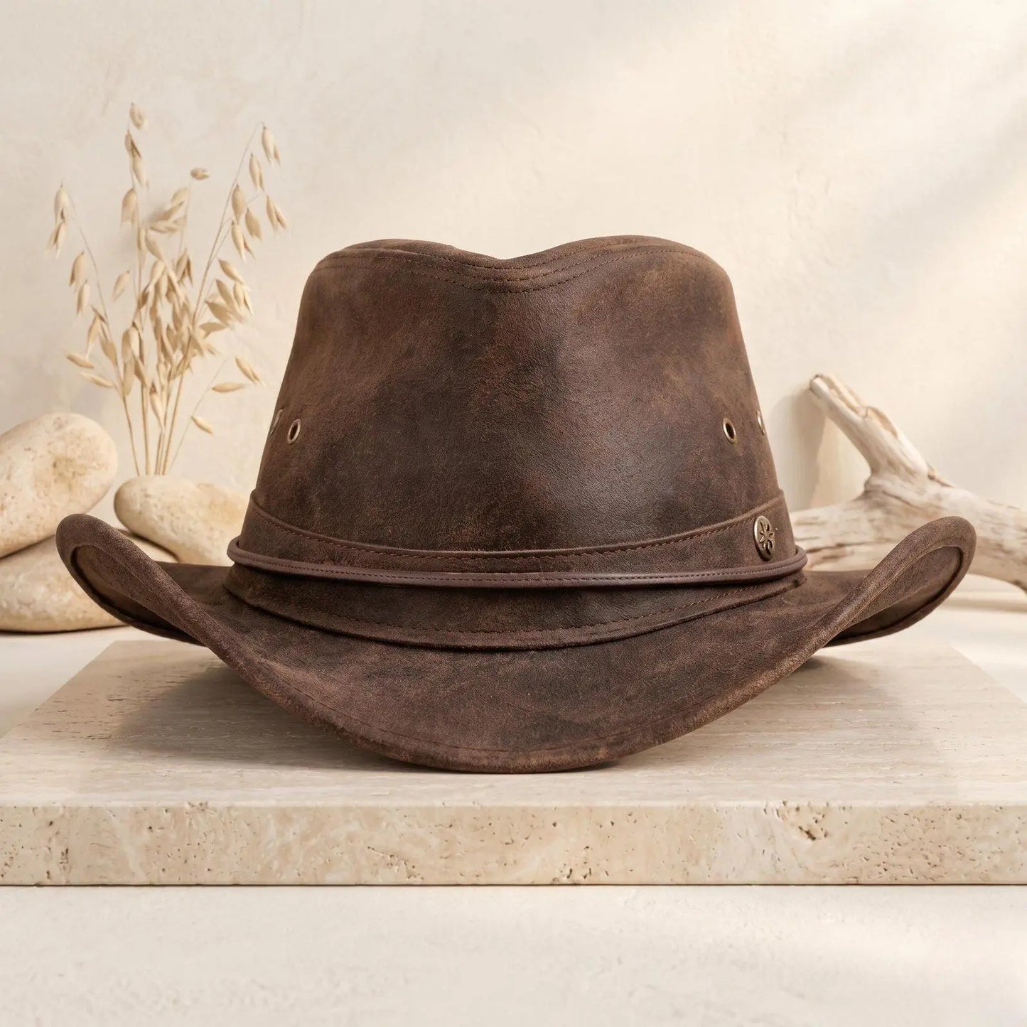 Authentic Distressed Brown Leather Cowboy Hat | Western Ranch Style