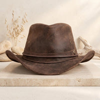 Authentic Distressed Brown Leather Cowboy Hat | Western Ranch Style